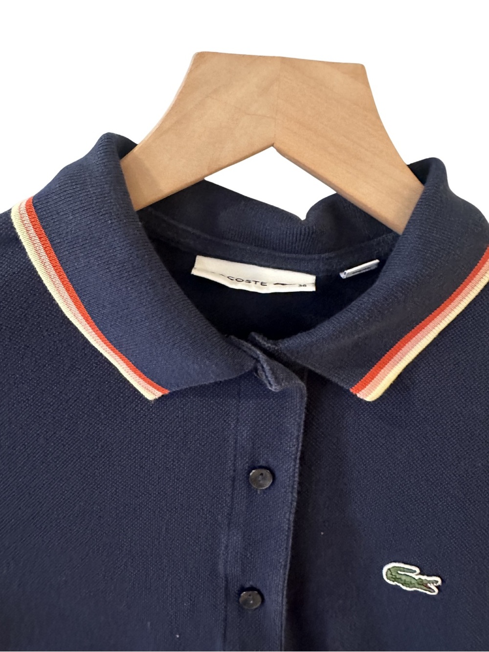 Lacoste Navy Pique Polo with Red, Yellow and Pink Trim Collar - Picture 3 of 5